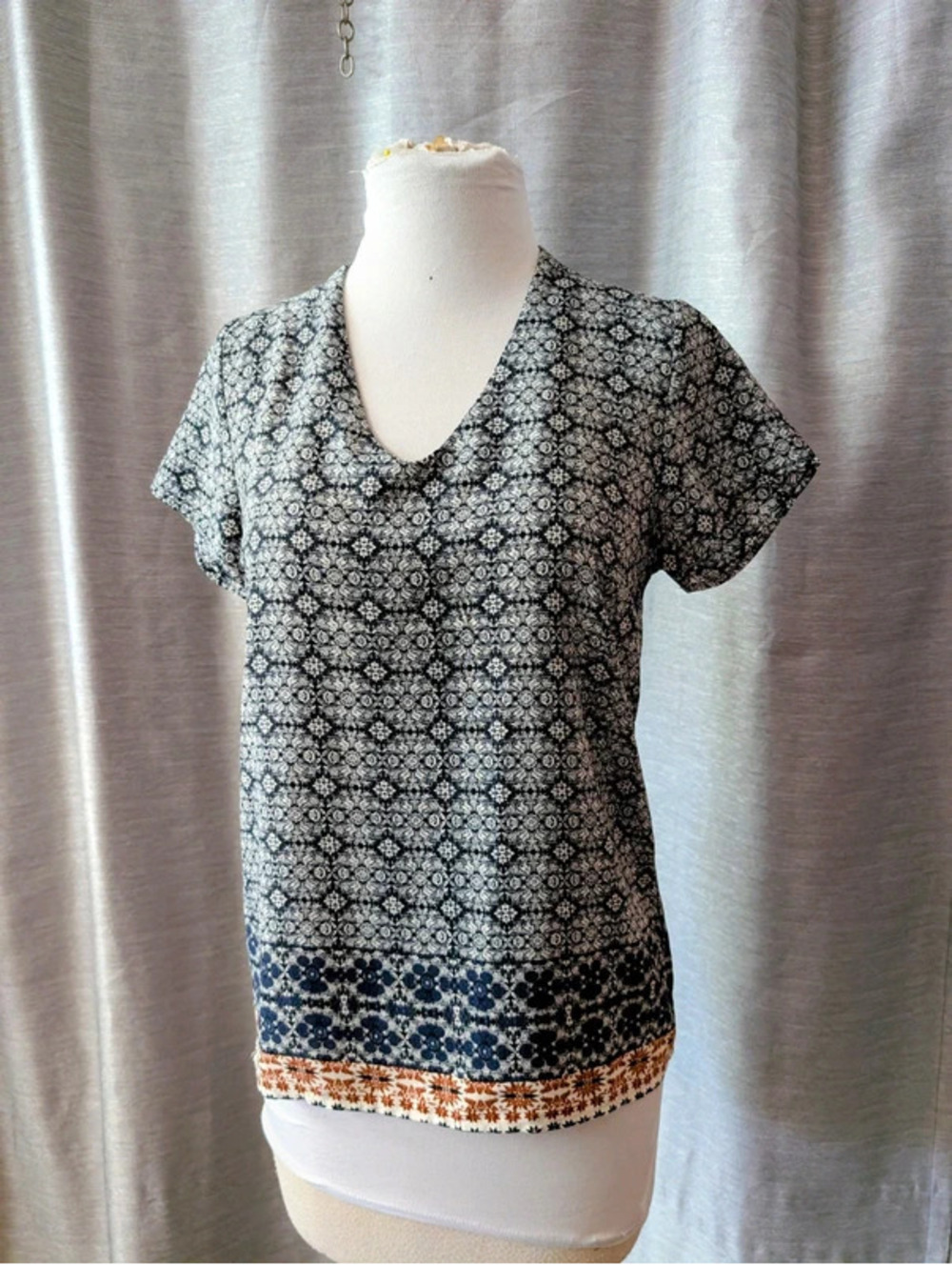 Navy Abstract Floral Boho Blouse XS